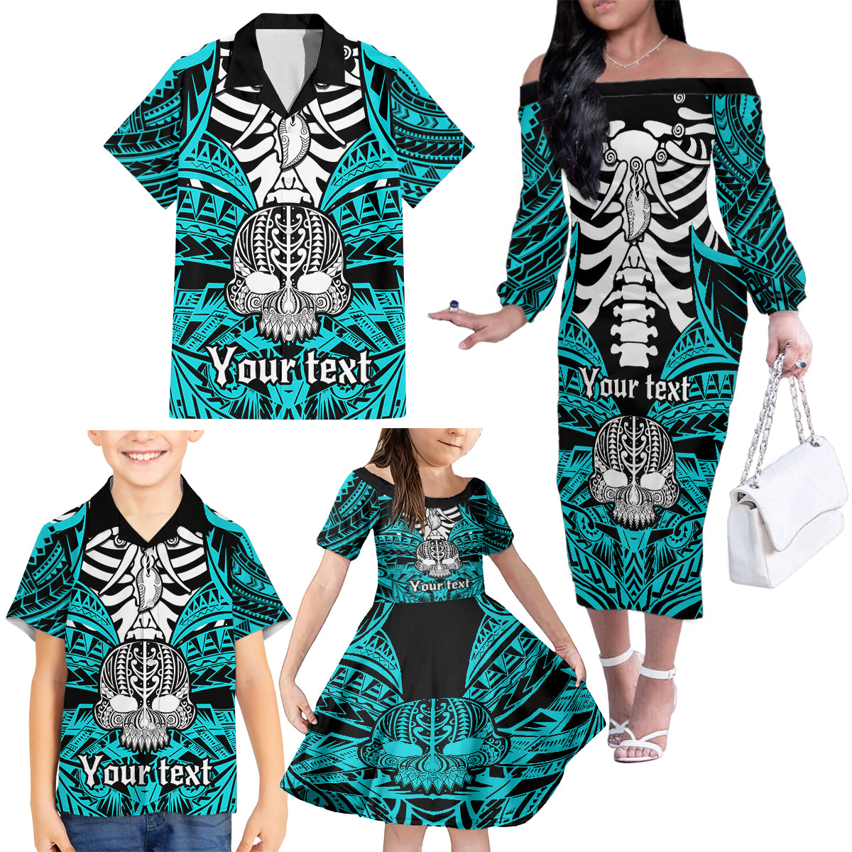 personalised-polynesia-skull-family-matching-off-shoulder-long-sleeve-dress-and-hawaiian-shirt-with-boars-tusk-aqua-arty-vibe