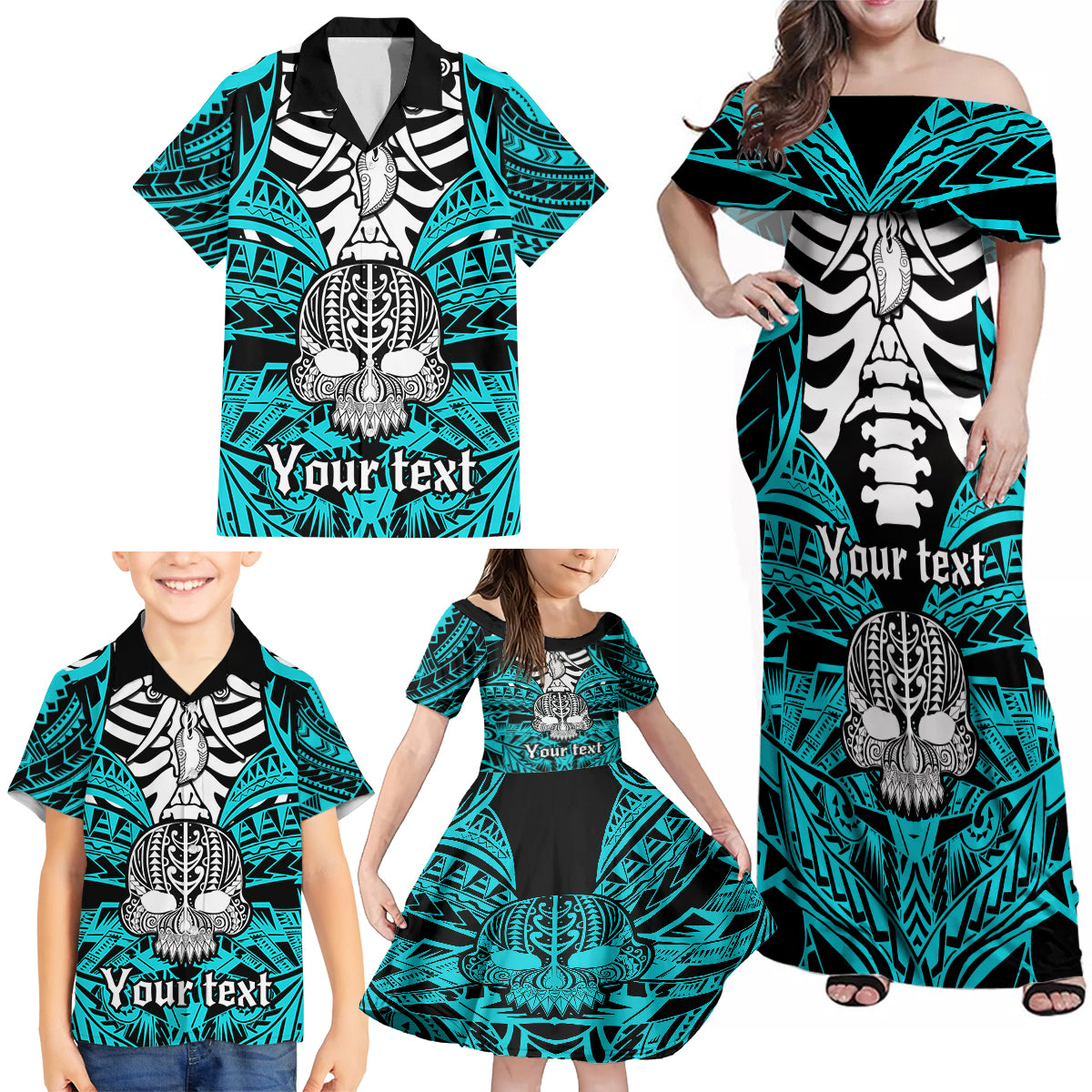 personalised-polynesia-skull-family-matching-off-shoulder-maxi-dress-and-hawaiian-shirt-with-boars-tusk-aqua-arty-vibe