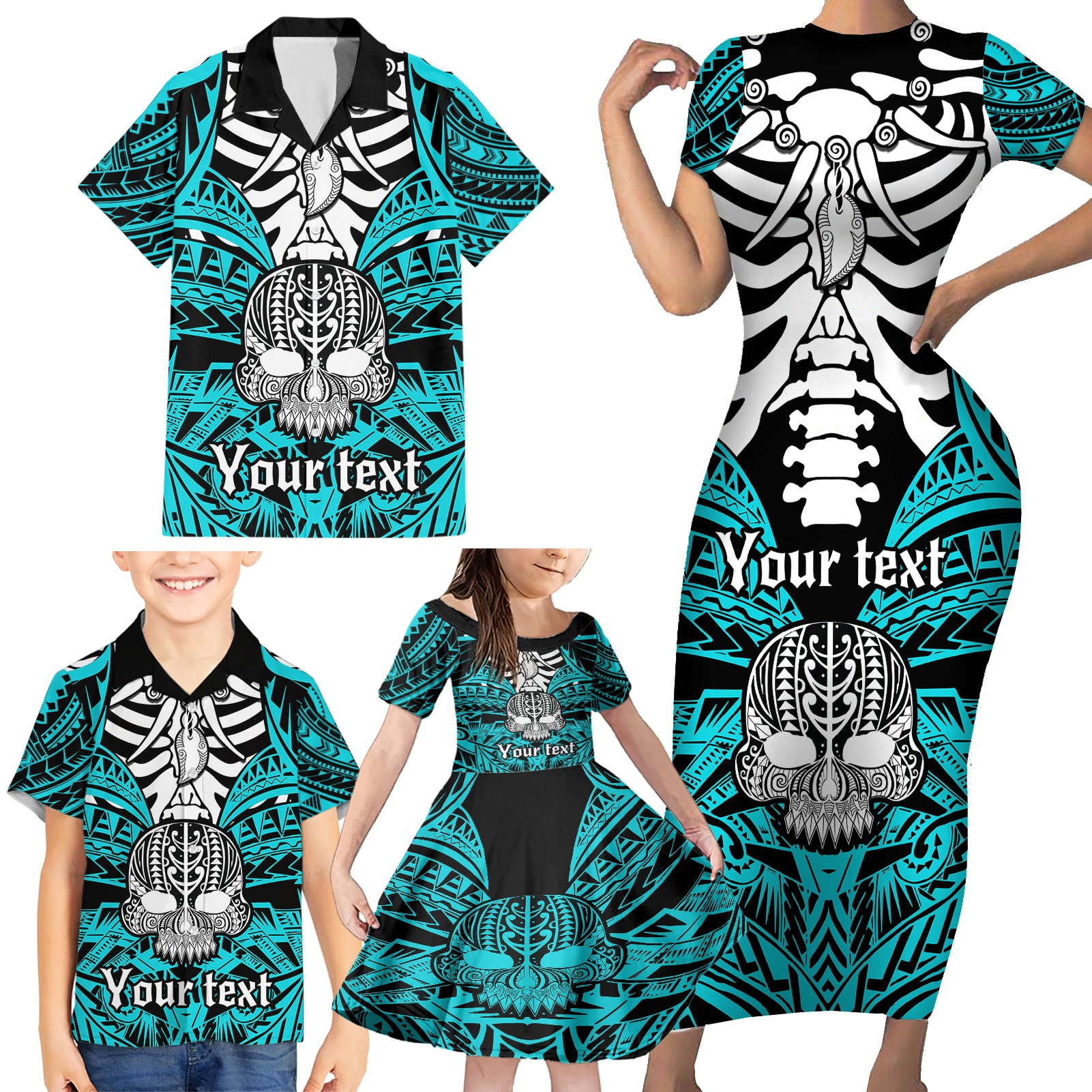 personalised-polynesia-skull-family-matching-short-sleeve-bodycon-dress-and-hawaiian-shirt-with-boars-tusk-aqua-arty-vibe