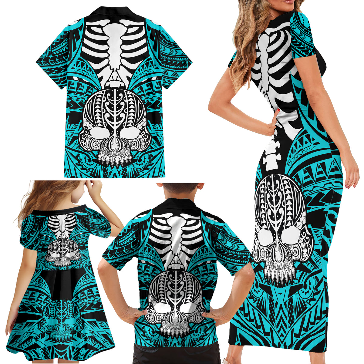 personalised-polynesia-skull-family-matching-short-sleeve-bodycon-dress-and-hawaiian-shirt-with-boars-tusk-aqua-arty-vibe