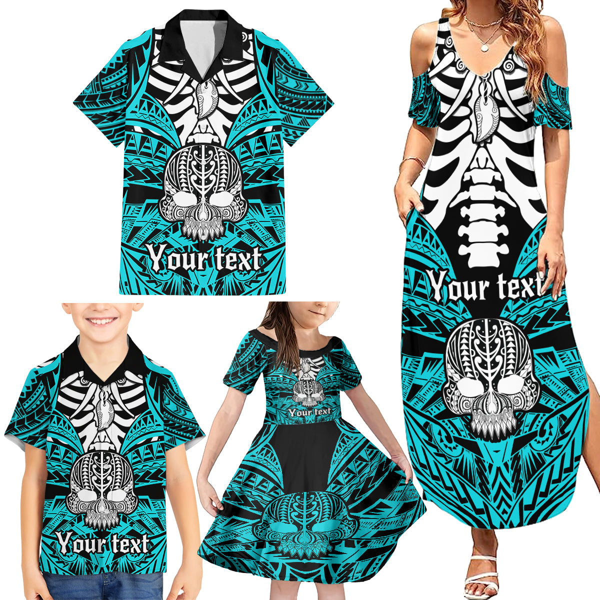 personalised-polynesia-skull-family-matching-summer-maxi-dress-and-hawaiian-shirt-with-boars-tusk-aqua-arty-vibe