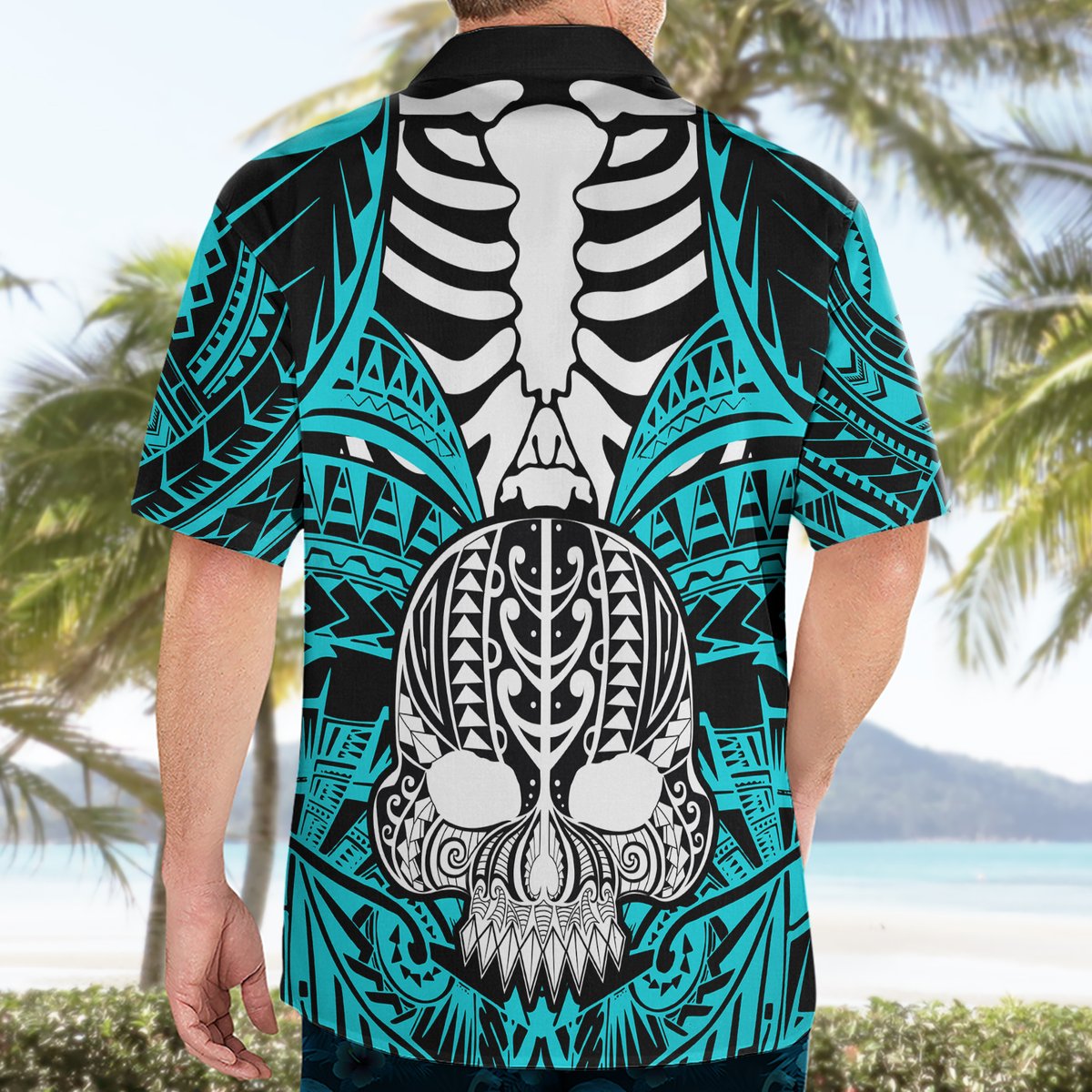 Personalised Polynesia Skull Hawaiian Shirt With Boars Tusk Aqua Arty Vibe LT9 - Polynesian Pride