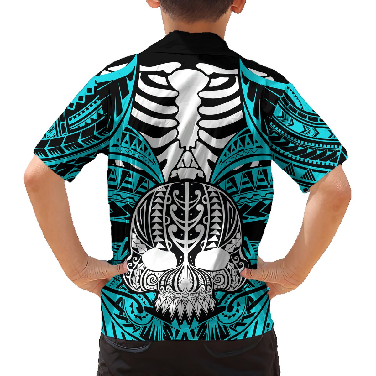 Personalised Polynesia Skull Hawaiian Shirt With Boars Tusk Aqua Arty Vibe LT9 - Polynesian Pride