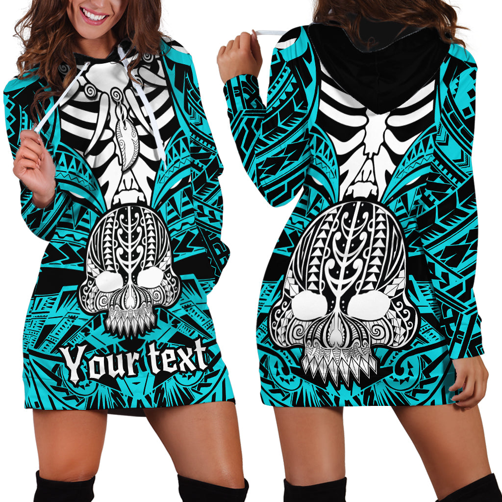 Personalised Polynesia Skull Hoodie Dress With Boars Tusk Aqua Arty Vibe LT9 - Polynesian Pride