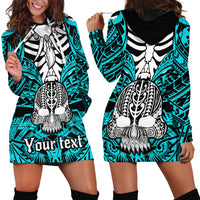 Personalised Polynesia Skull Hoodie Dress With Boars Tusk Aqua Arty Vibe LT9 - Polynesian Pride