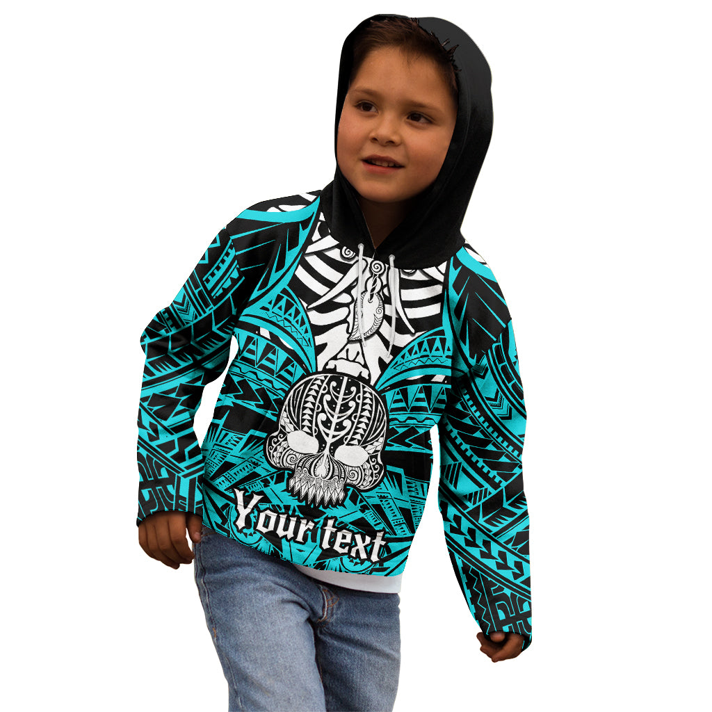 Personalised Polynesia Skull Kid Hoodie With Boars Tusk Aqua Arty Vibe LT9 - Polynesian Pride