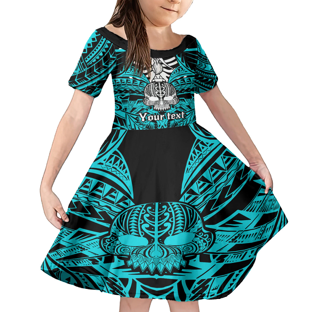personalised-polynesia-skull-kid-short-sleeve-dress-with-boars-tusk-aqua-arty-vibe