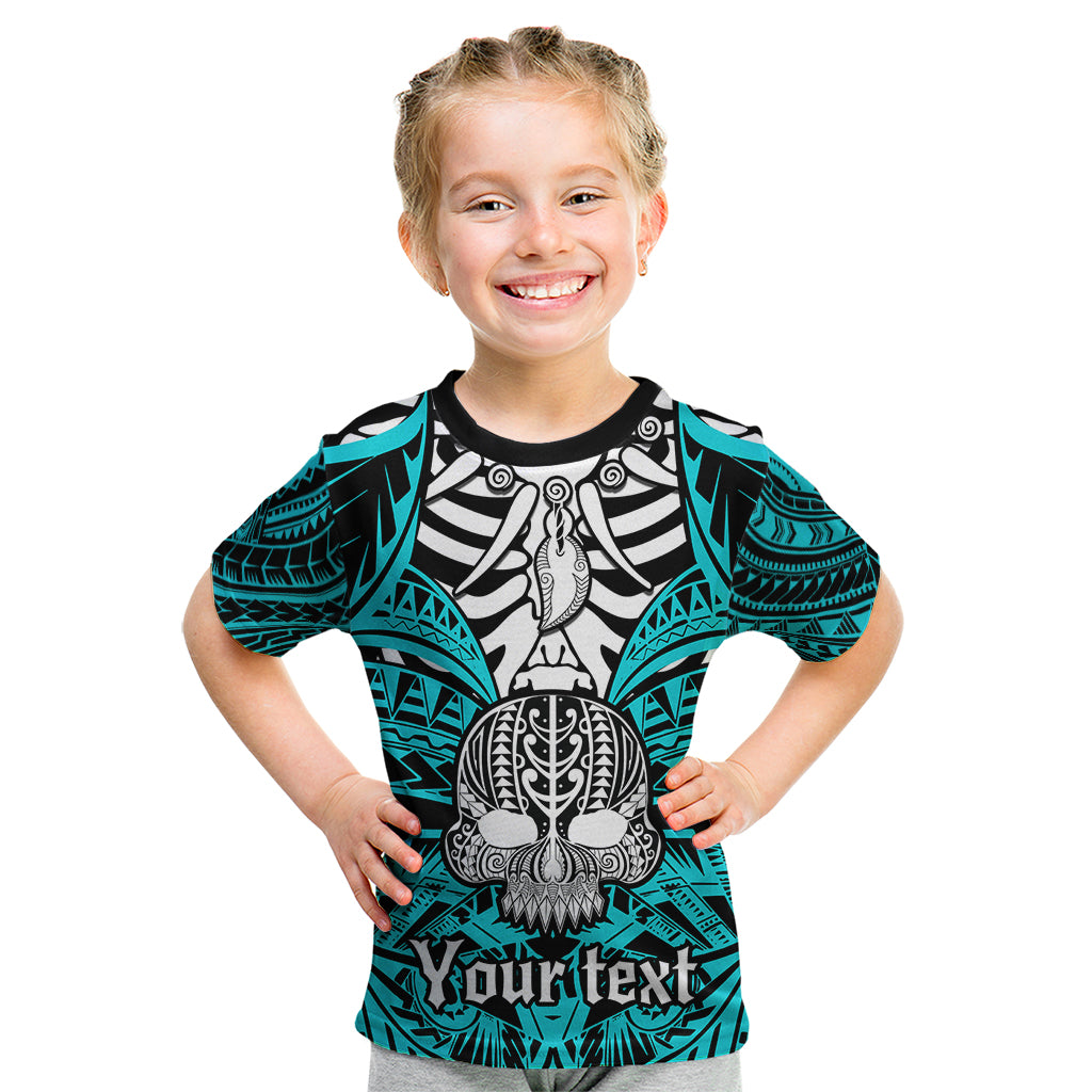 Personalised Polynesia Skull Kid T Shirt With Boars Tusk Aqua Arty Vibe LT9 Aqua - Polynesian Pride