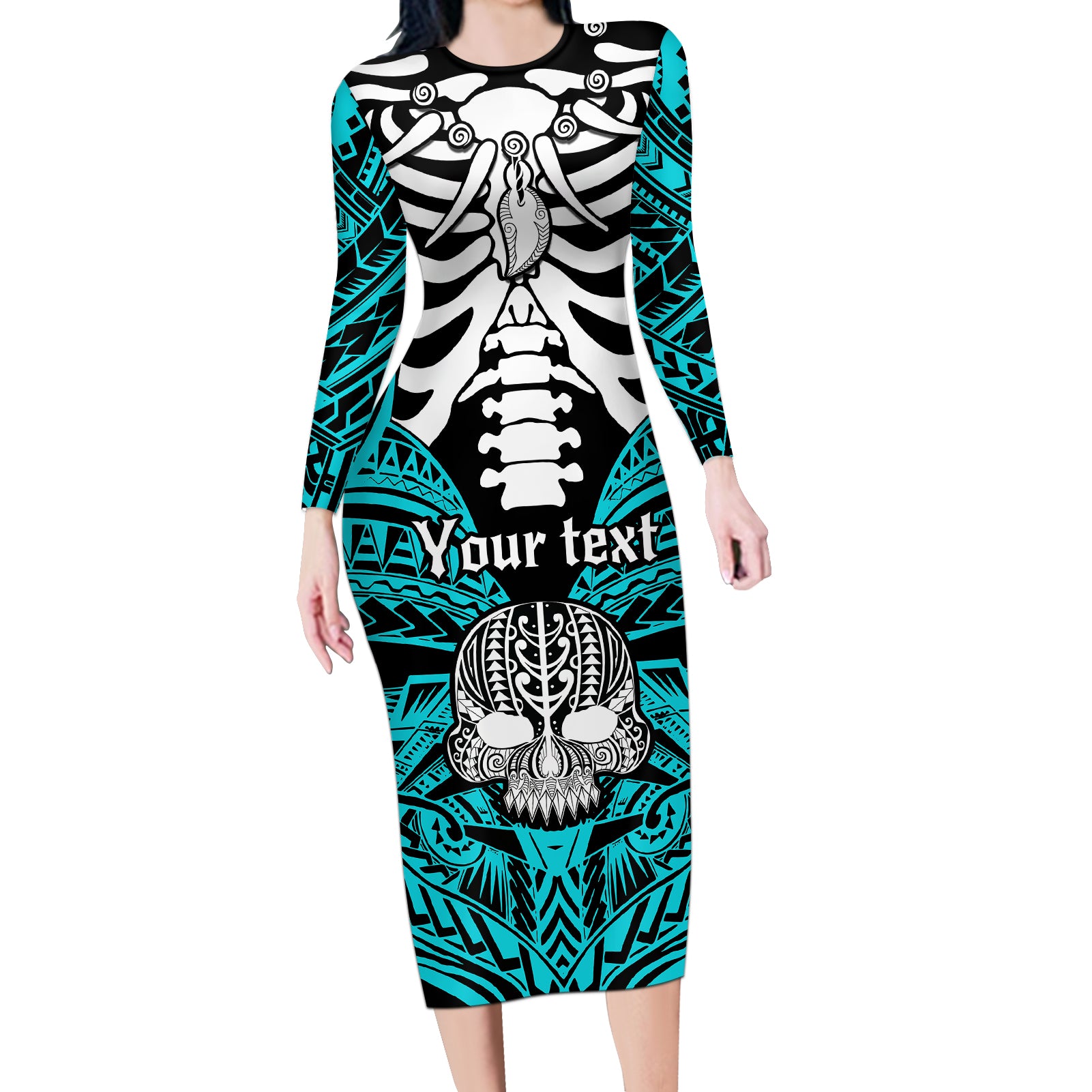 personalised-polynesia-skull-long-sleeve-bodycon-dress-with-boars-tusk-aqua-arty-vibe