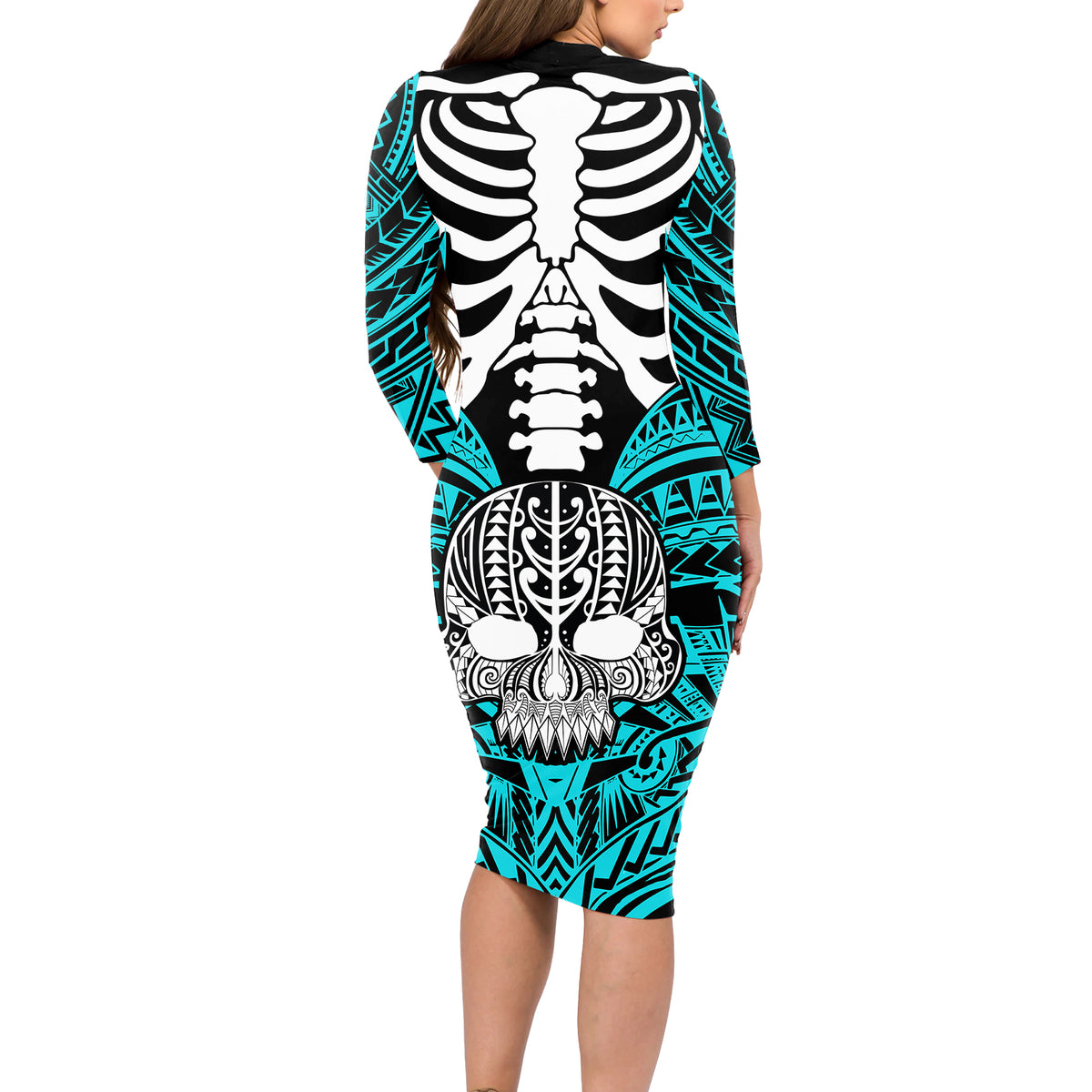personalised-polynesia-skull-long-sleeve-bodycon-dress-with-boars-tusk-aqua-arty-vibe
