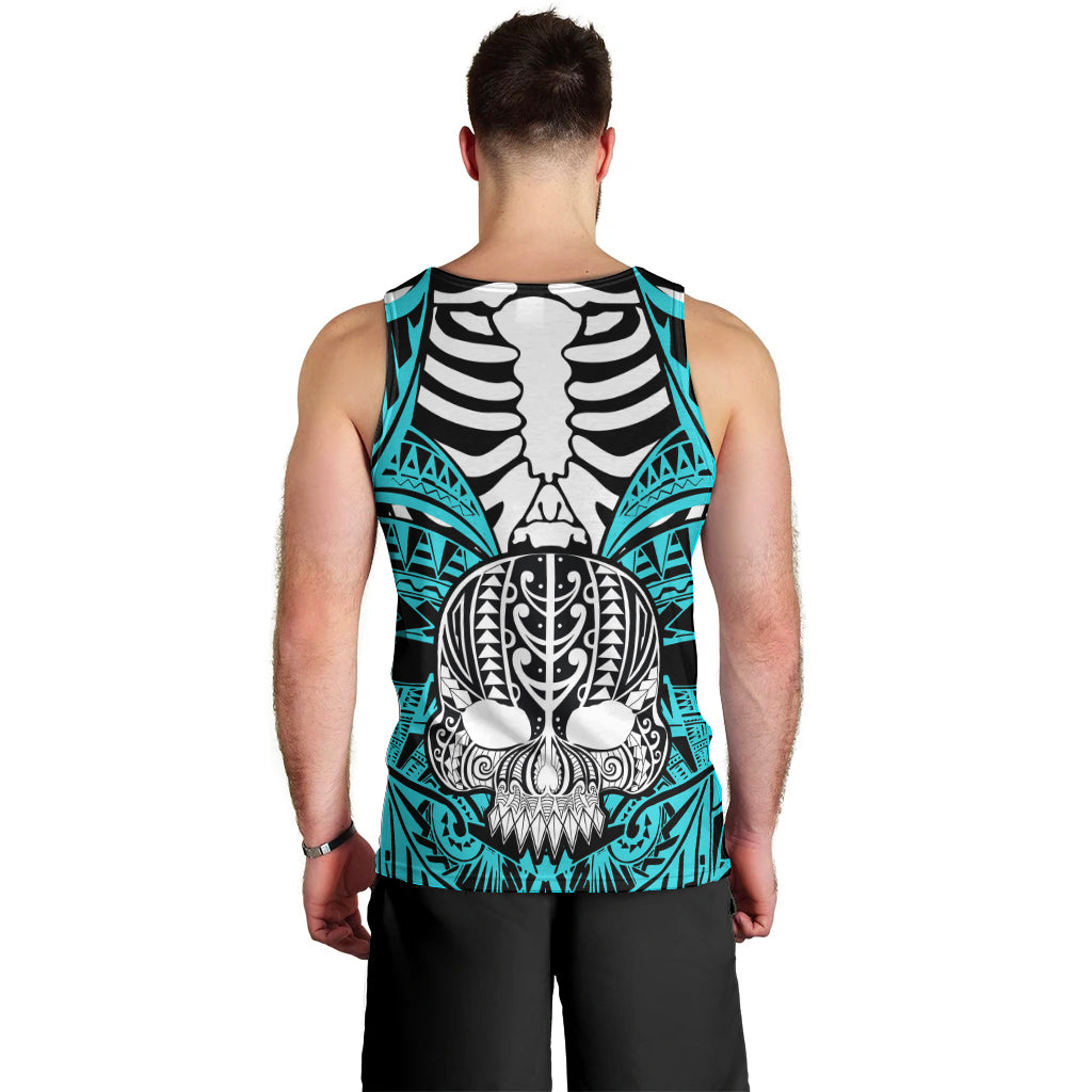 Personalised Polynesia Skull Men Tank Top With Boars Tusk Aqua Arty Vibe LT9 - Polynesian Pride