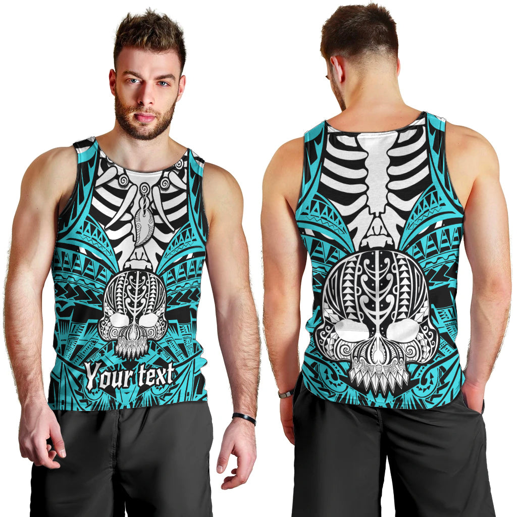 Personalised Polynesia Skull Men Tank Top With Boars Tusk Aqua Arty Vibe LT9 - Polynesian Pride