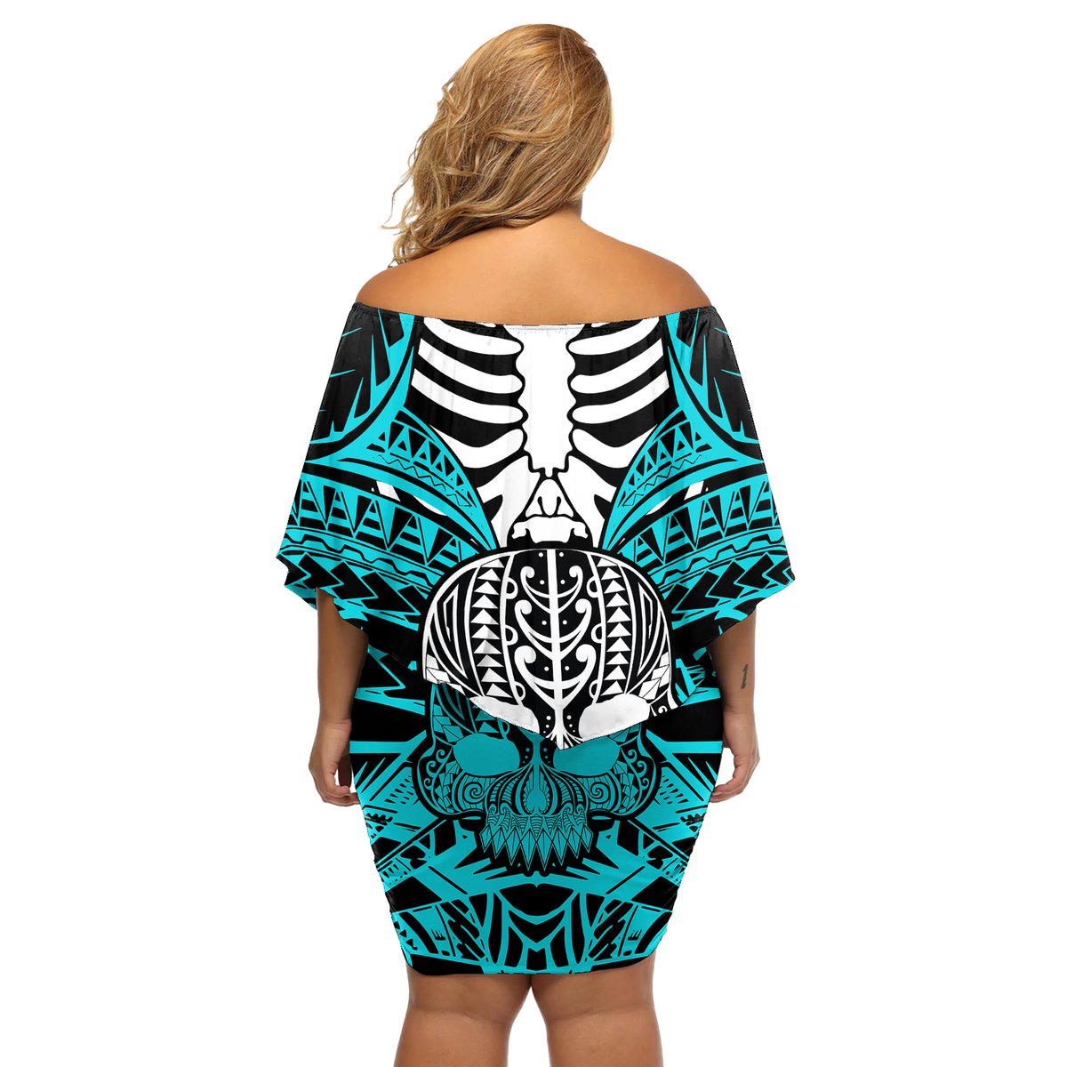 Personalised Polynesia Skull Off Shoulder Short Dress With Boars Tusk Aqua Arty Vibe LT9 - Polynesian Pride
