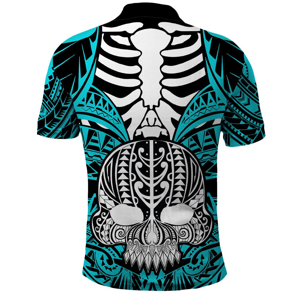 Personalised Polynesia Skull Polo Shirt With Boars Tusk Aqua Arty Vibe LT9 - Polynesian Pride