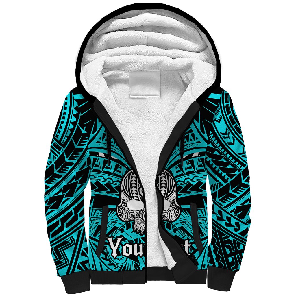 Personalised Polynesia Skull Sherpa Hoodie With Boars Tusk Aqua Arty Vibe LT9 Unisex Aqua - Polynesian Pride