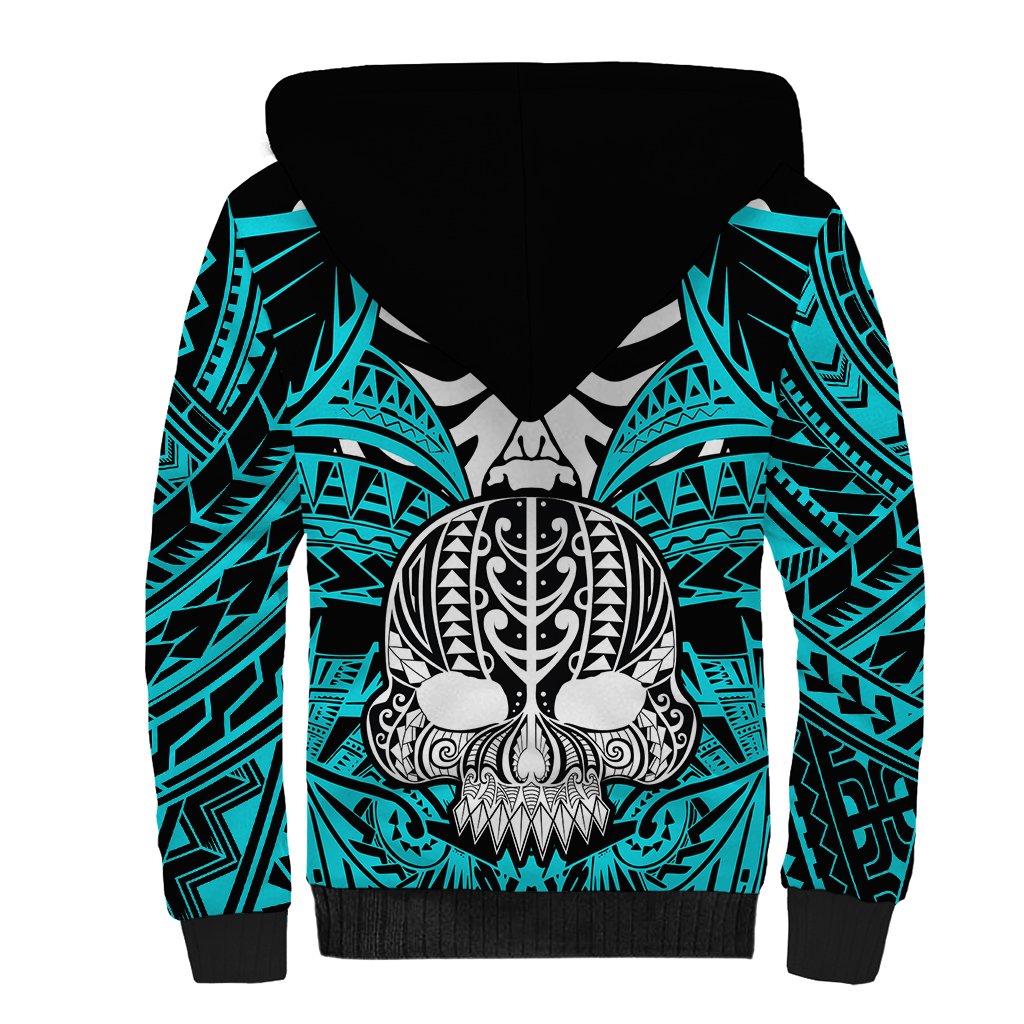 Personalised Polynesia Skull Sherpa Hoodie With Boars Tusk Aqua Arty Vibe LT9 - Polynesian Pride