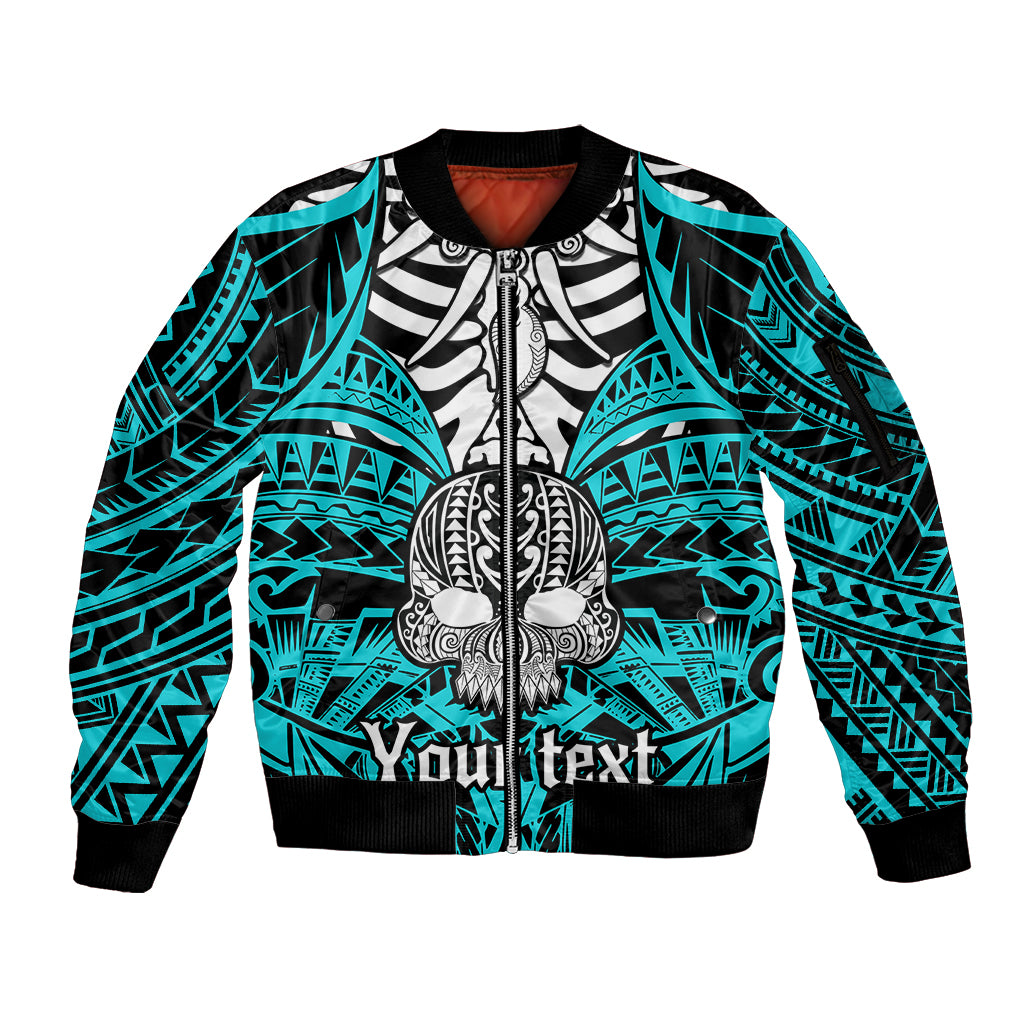 Personalised Polynesia Skull Sleeve Zip Bomber Jacket With Boars Tusk Aqua Arty Vibe LT9 Unisex Aqua - Polynesian Pride