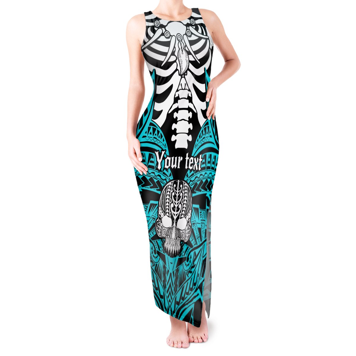 Personalised Polynesia Skull Tank Maxi Dress With Boars Tusk Aqua Arty Vibe LT9 Women Aqua - Polynesian Pride