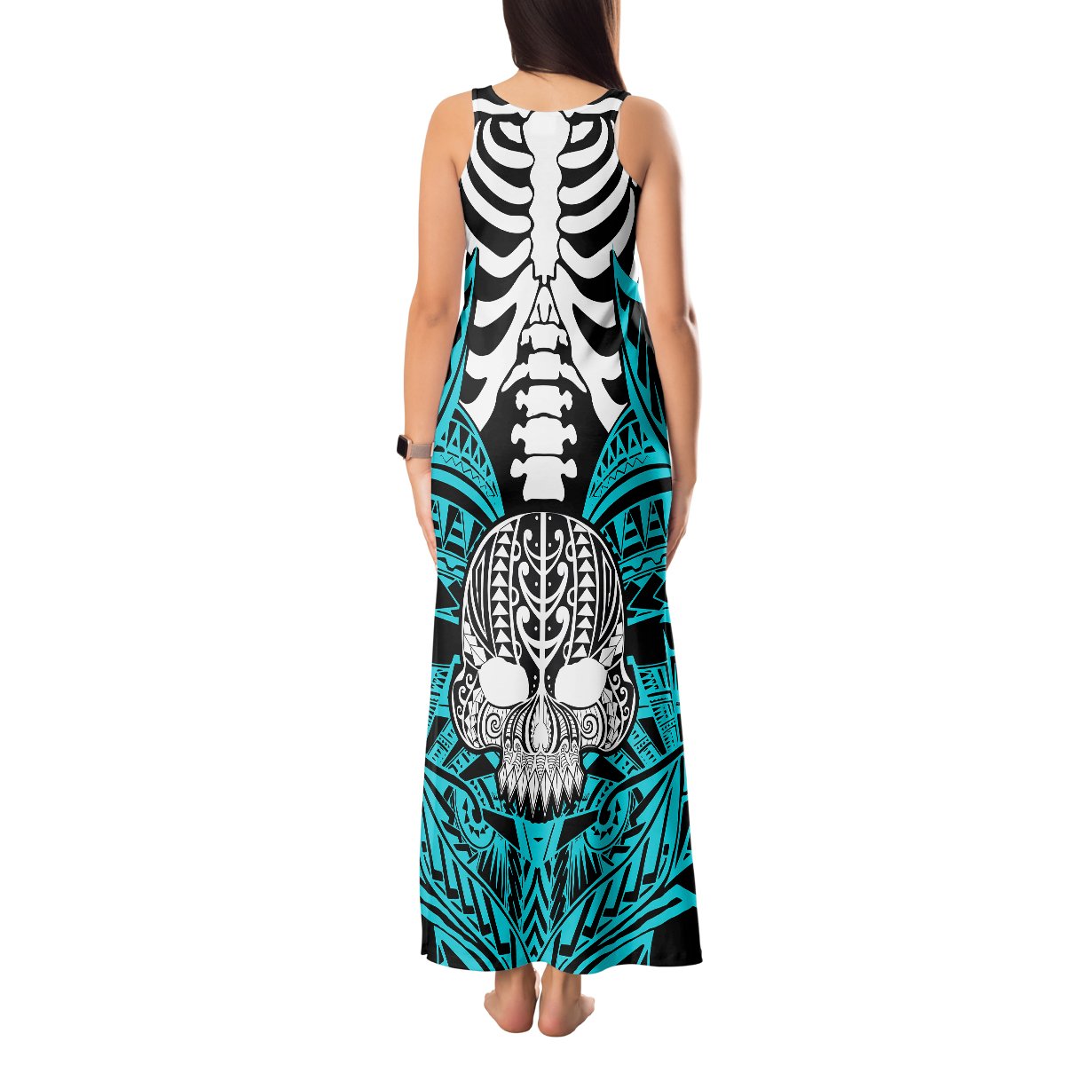 Personalised Polynesia Skull Tank Maxi Dress With Boars Tusk Aqua Arty Vibe LT9 - Polynesian Pride