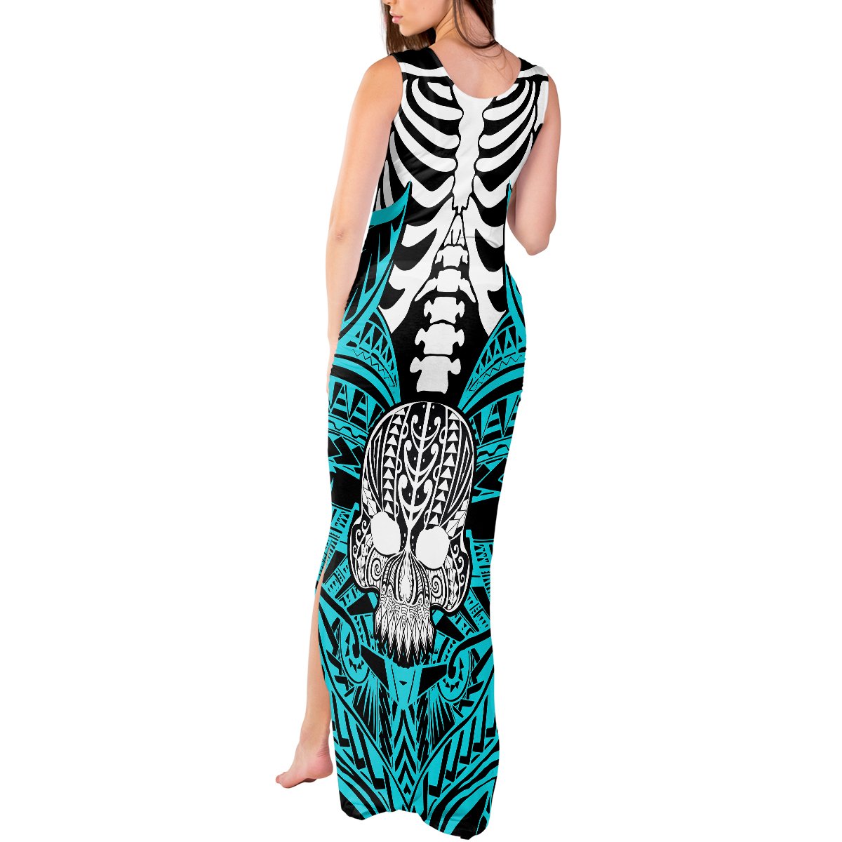 Personalised Polynesia Skull Tank Maxi Dress With Boars Tusk Aqua Arty Vibe LT9 - Polynesian Pride