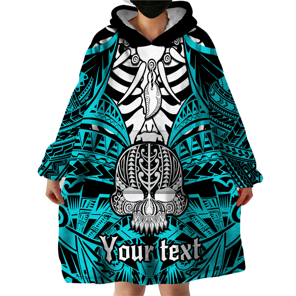 Personalised Polynesia Skull Wearable Blanket Hoodie With Boars Tusk Aqua Arty Vibe LT9 - Polynesian Pride