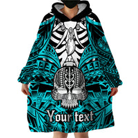Personalised Polynesia Skull Wearable Blanket Hoodie With Boars Tusk Aqua Arty Vibe LT9 - Polynesian Pride