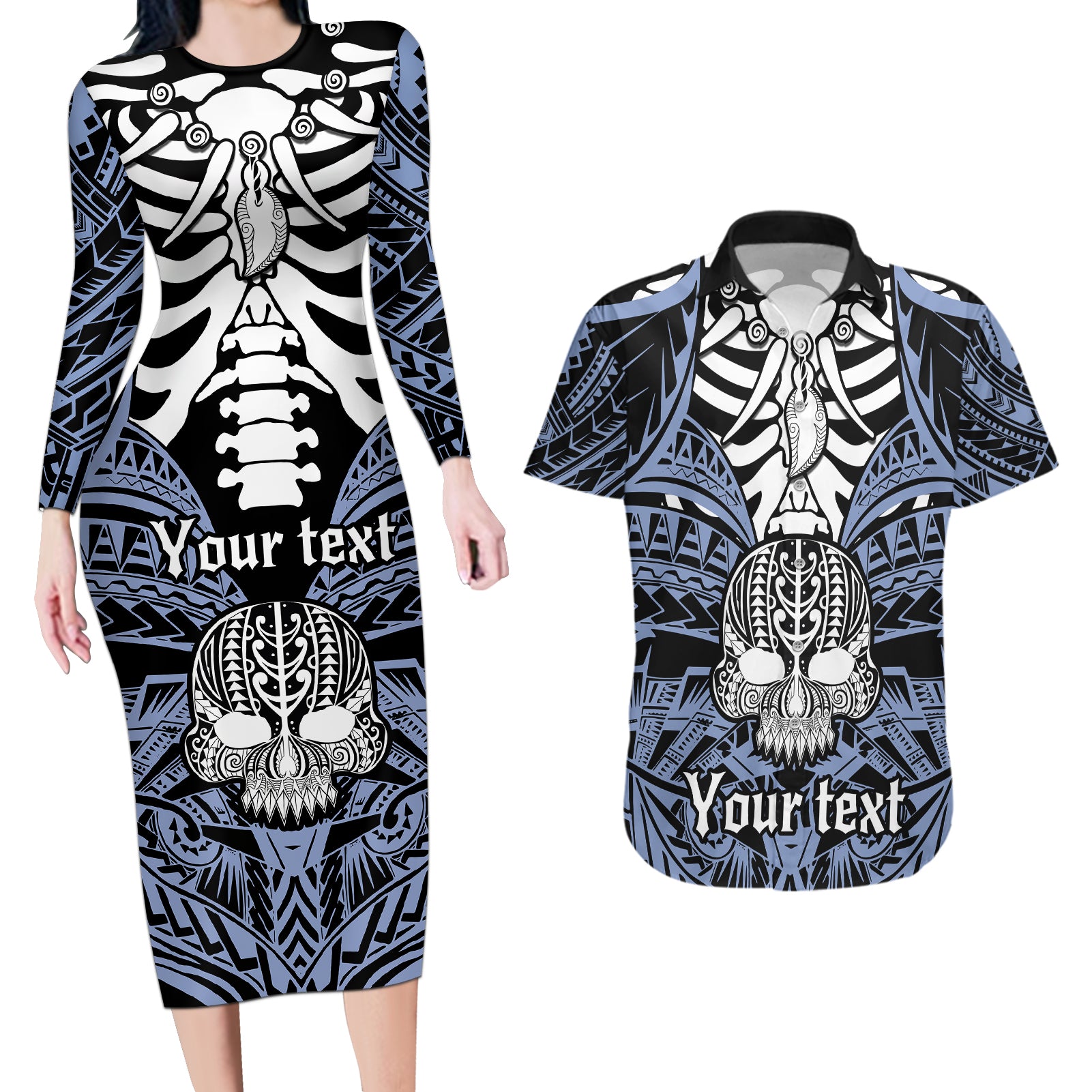 personalised-polynesia-skull-couples-matching-long-sleeve-bodycon-dress-and-hawaiian-shirt-with-boars-tusk-blue-arty-vibe