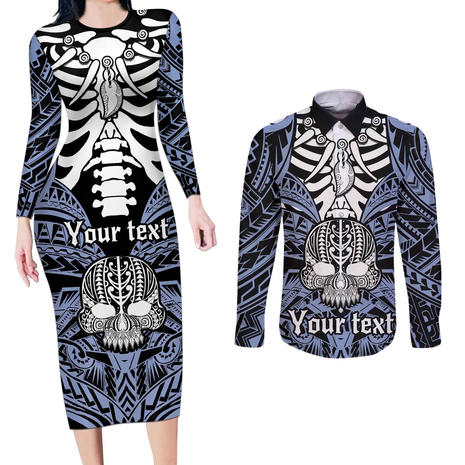 Personalised Polynesia Skull Couples Matching Long Sleeve Bodycon Dress and Long Sleeve Button Shirts With Boars Tusk Blue Arty Vibe LT9 Blue - Polynesian Pride