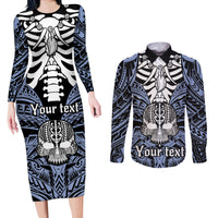 Personalised Polynesia Skull Couples Matching Long Sleeve Bodycon Dress and Long Sleeve Button Shirts With Boars Tusk Blue Arty Vibe LT9 Blue - Polynesian Pride