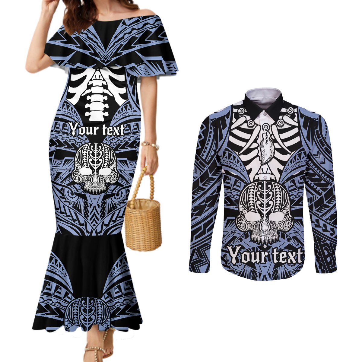 Personalised Polynesia Skull Couples Matching Mermaid Dress and Long Sleeve Button Shirts With Boars Tusk Blue Arty Vibe LT9 Blue - Polynesian Pride