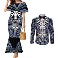 Personalised Polynesia Skull Couples Matching Mermaid Dress and Long Sleeve Button Shirts With Boars Tusk Blue Arty Vibe LT9 Blue - Polynesian Pride
