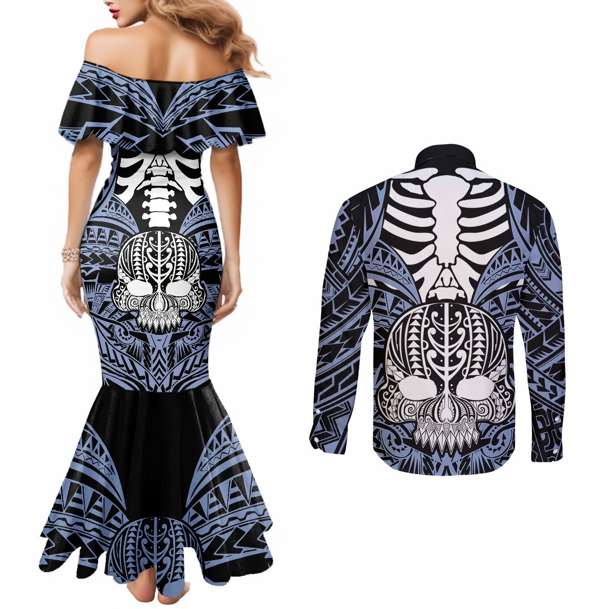 Personalised Polynesia Skull Couples Matching Mermaid Dress and Long Sleeve Button Shirts With Boars Tusk Blue Arty Vibe LT9 - Polynesian Pride