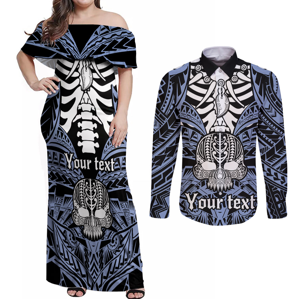 Personalised Polynesia Skull Couples Matching Off Shoulder Maxi Dress and Long Sleeve Button Shirts With Boars Tusk Blue Arty Vibe LT9 Blue - Polynesian Pride