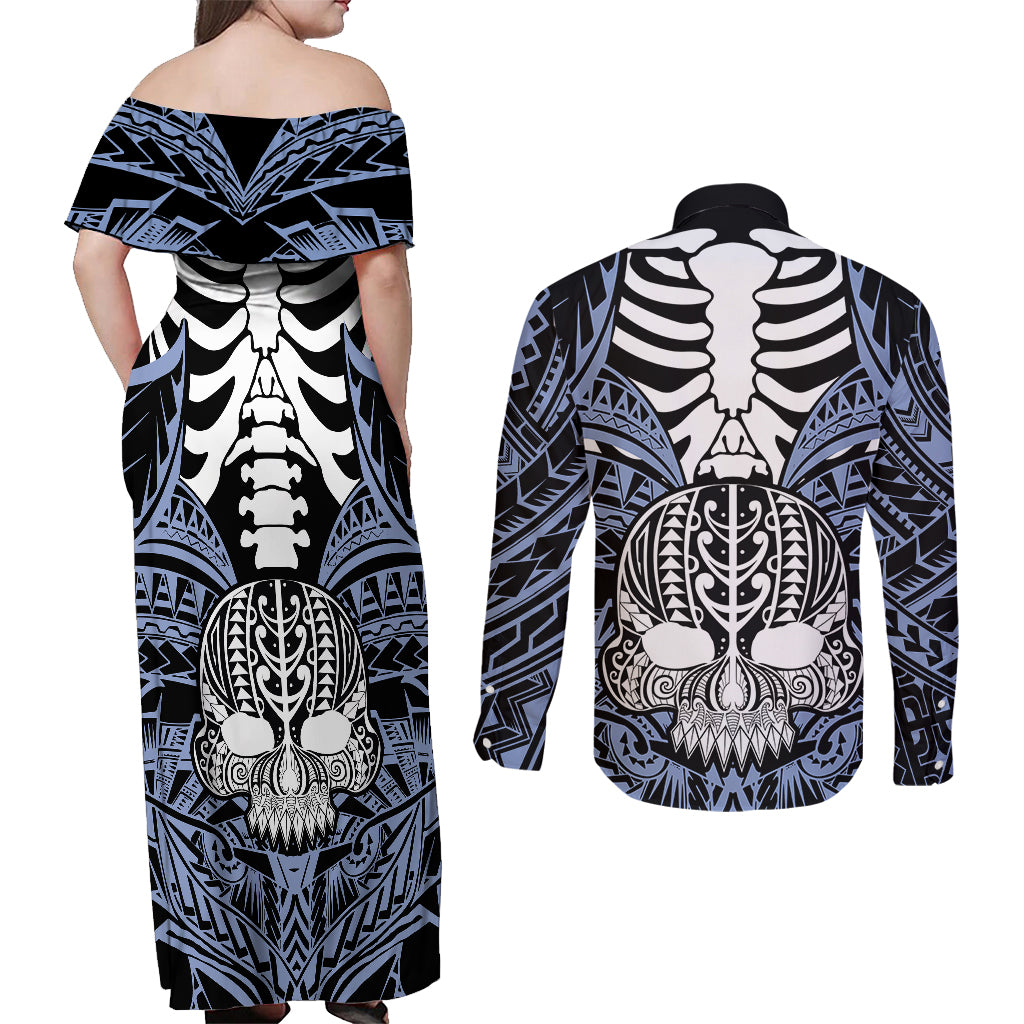 personalised-polynesia-skull-couples-matching-off-shoulder-maxi-dress-and-long-sleeve-button-shirts-with-boars-tusk-blue-arty-vibe