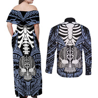personalised-polynesia-skull-couples-matching-off-shoulder-maxi-dress-and-long-sleeve-button-shirts-with-boars-tusk-blue-arty-vibe