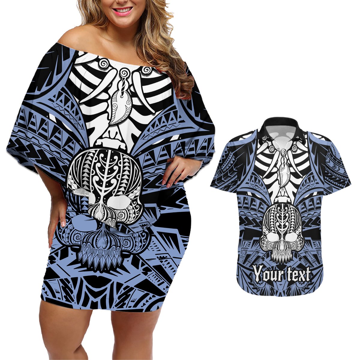 Personalised Polynesia Skull Couples Matching Off Shoulder Short Dress and Hawaiian Shirt With Boars Tusk Blue Arty Vibe LT9 Blue - Polynesian Pride