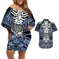 Personalised Polynesia Skull Couples Matching Off Shoulder Short Dress and Hawaiian Shirt With Boars Tusk Blue Arty Vibe LT9 Blue - Polynesian Pride