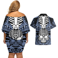 Personalised Polynesia Skull Couples Matching Off Shoulder Short Dress and Hawaiian Shirt With Boars Tusk Blue Arty Vibe LT9 - Polynesian Pride
