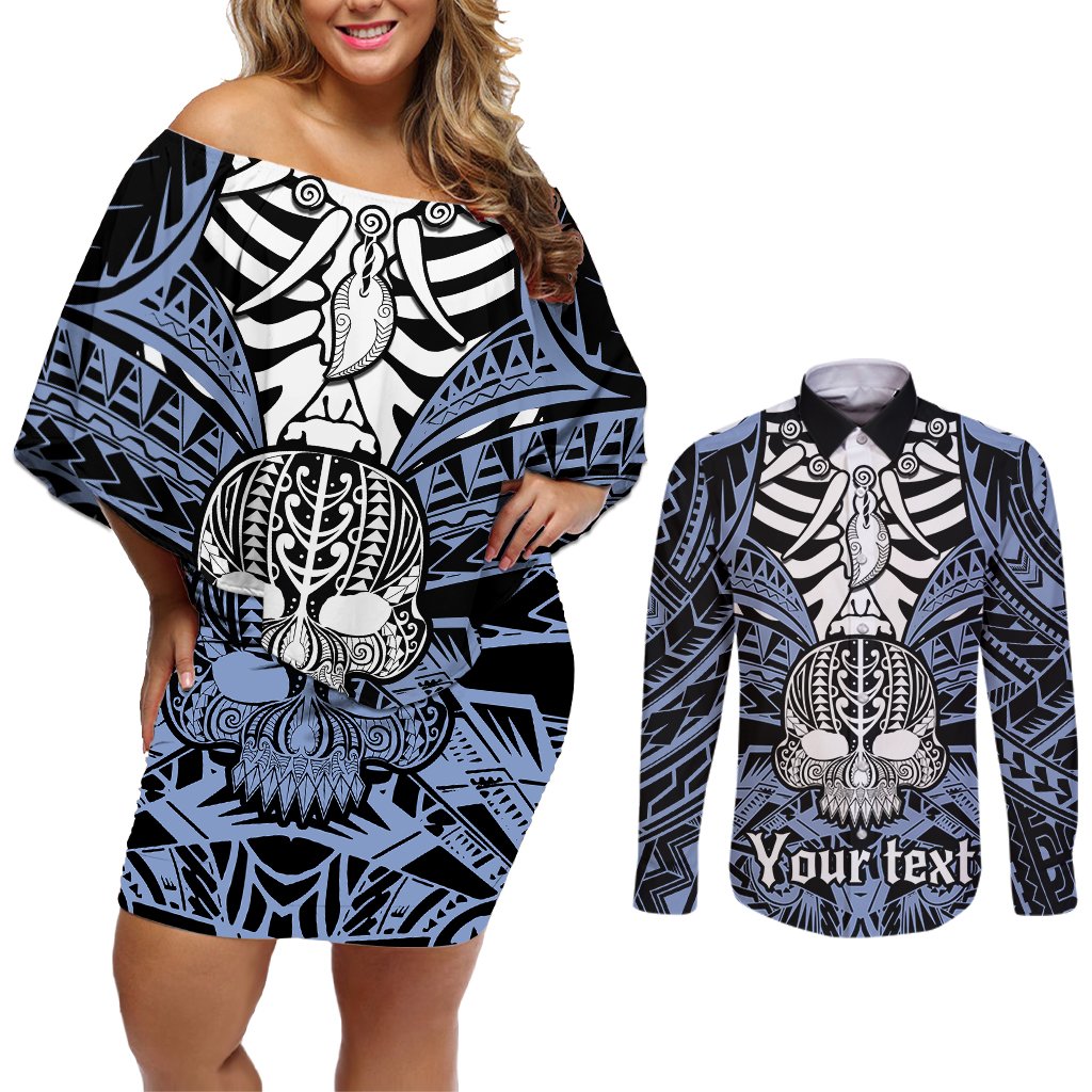 Personalised Polynesia Skull Couples Matching Off Shoulder Short Dress and Long Sleeve Button Shirts With Boars Tusk Blue Arty Vibe LT9 Blue - Polynesian Pride