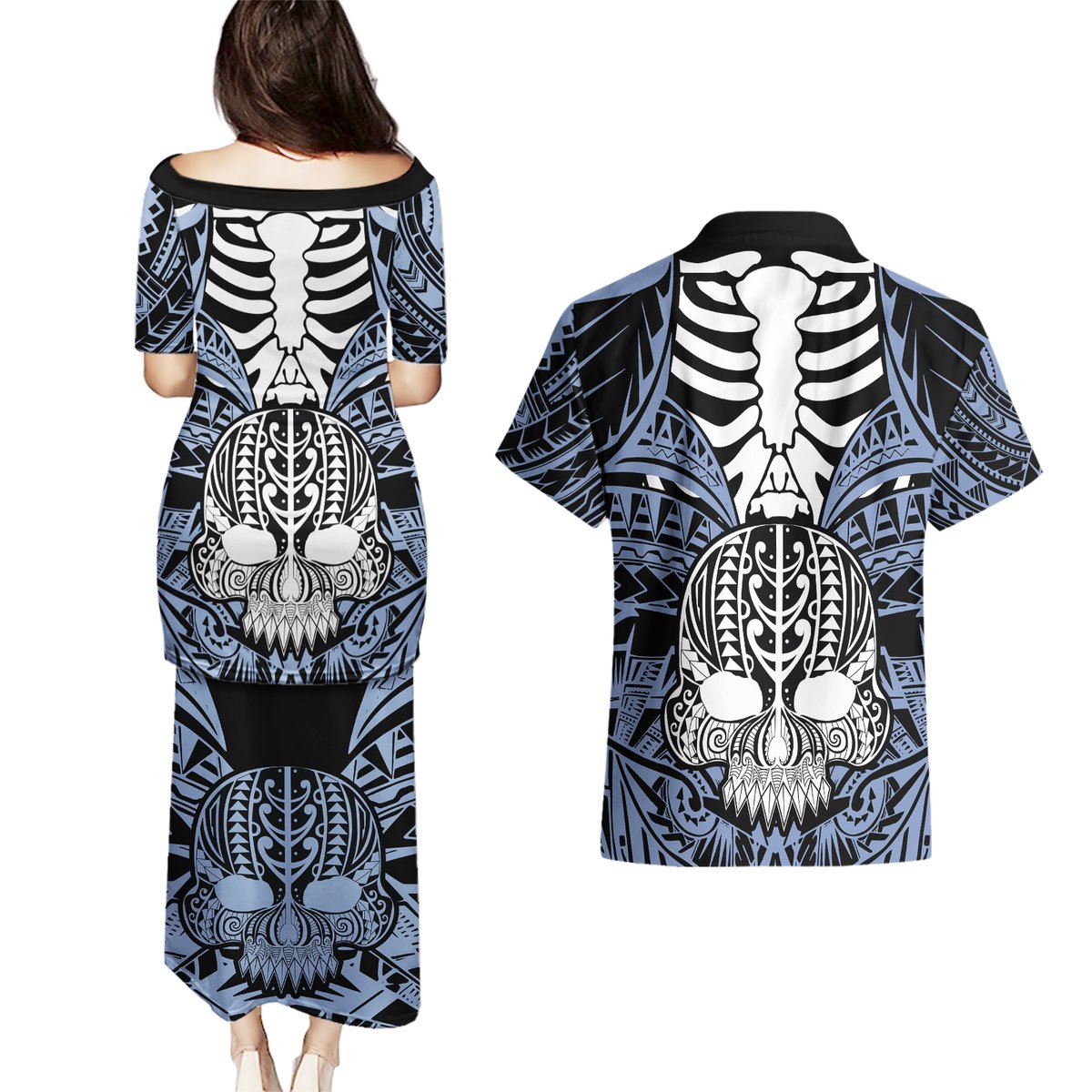 Personalised Polynesia Skull Couples Matching Puletasi Dress and Hawaiian Shirt With Boars Tusk Blue Arty Vibe LT9 - Polynesian Pride