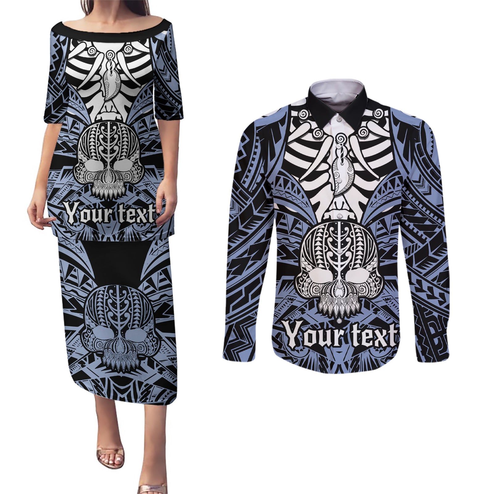 Personalised Polynesia Skull Couples Matching Puletasi Dress and Long Sleeve Button Shirts With Boars Tusk Blue Arty Vibe LT9 Blue - Polynesian Pride
