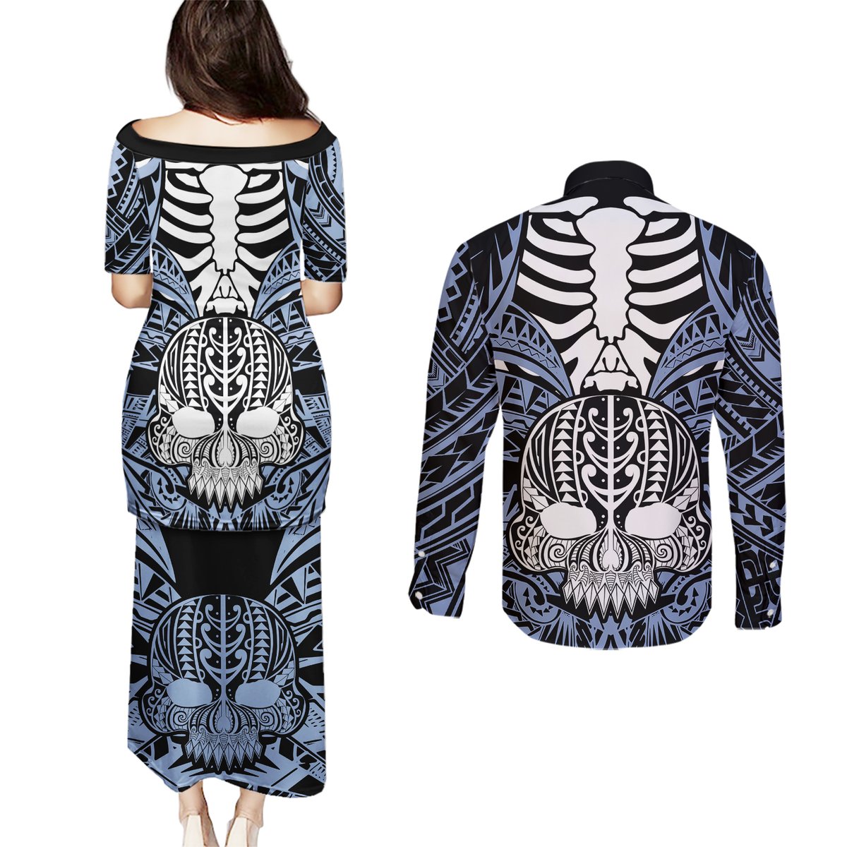 Personalised Polynesia Skull Couples Matching Puletasi Dress and Long Sleeve Button Shirts With Boars Tusk Blue Arty Vibe LT9 - Polynesian Pride