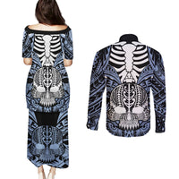 Personalised Polynesia Skull Couples Matching Puletasi Dress and Long Sleeve Button Shirts With Boars Tusk Blue Arty Vibe LT9 - Polynesian Pride