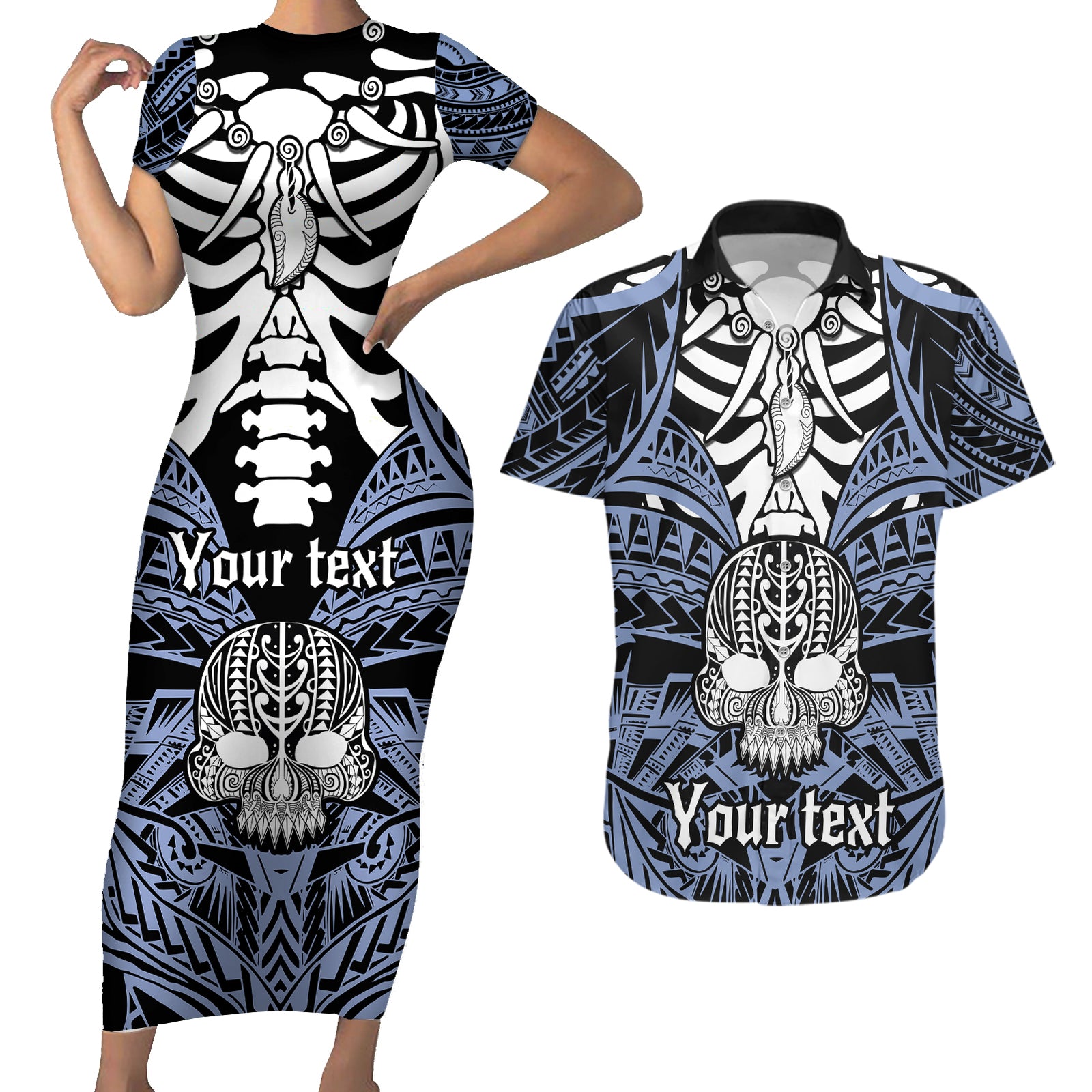 Personalised Polynesia Skull Couples Matching Short Sleeve Bodycon Dress and Hawaiian Shirt With Boars Tusk Blue Arty Vibe LT9 Blue - Polynesian Pride