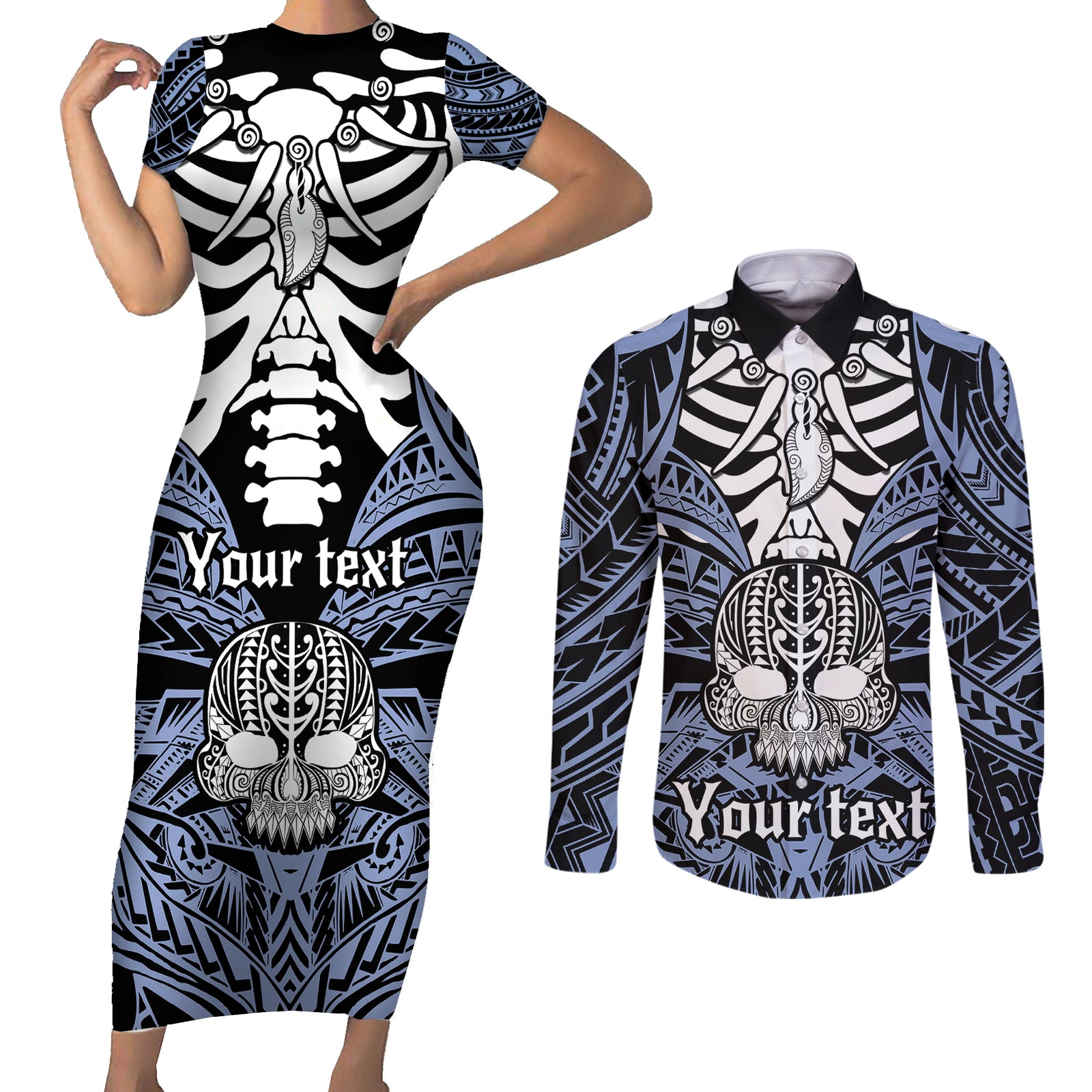 Personalised Polynesia Skull Couples Matching Short Sleeve Bodycon Dress and Long Sleeve Button Shirts With Boars Tusk Blue Arty Vibe LT9 Blue - Polynesian Pride