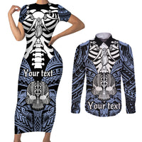 Personalised Polynesia Skull Couples Matching Short Sleeve Bodycon Dress and Long Sleeve Button Shirts With Boars Tusk Blue Arty Vibe LT9 Blue - Polynesian Pride
