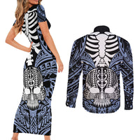 Personalised Polynesia Skull Couples Matching Short Sleeve Bodycon Dress and Long Sleeve Button Shirts With Boars Tusk Blue Arty Vibe LT9 - Polynesian Pride