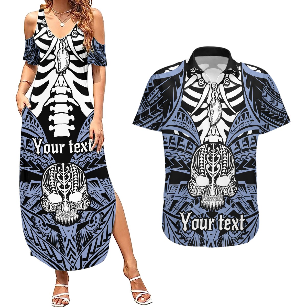 Personalised Polynesia Skull Couples Matching Summer Maxi Dress and Hawaiian Shirt With Boars Tusk Blue Arty Vibe LT9 Blue - Polynesian Pride