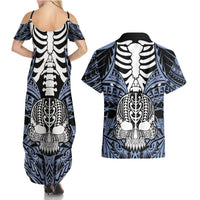 Personalised Polynesia Skull Couples Matching Summer Maxi Dress and Hawaiian Shirt With Boars Tusk Blue Arty Vibe LT9 - Polynesian Pride
