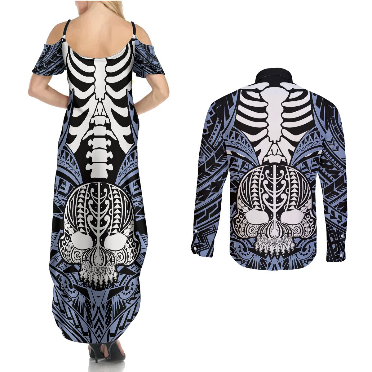 Personalised Polynesia Skull Couples Matching Summer Maxi Dress and Long Sleeve Button Shirts With Boars Tusk Blue Arty Vibe LT9 - Polynesian Pride